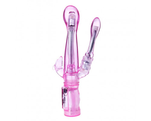 Заказать Розовый вибратор с анальным и клиторальным отростками Intimate Tease - 22 см.