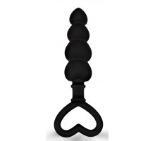 Черная рельефная анальная цепочка с ручкой-сердечком - 15 см.