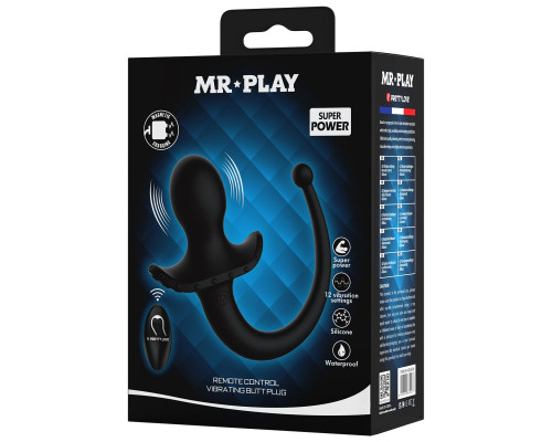 Черная анальная вибропробка с  хвостом и пультом ДУ