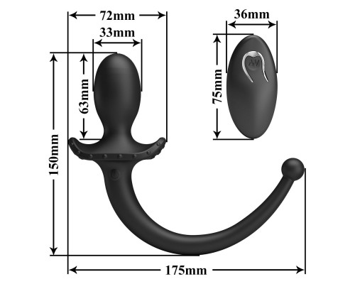 Черная анальная вибропробка с  хвостом и пультом ДУ