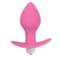 Розовая коническая анальная вибровтулка с ограничителем - 8 см.