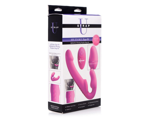Розовый безремневой страпон с вибрацией и функцией расширения Inflatable Ergo-Fit Strapless Strap-On