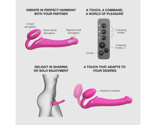 Ярко-розовый безремневой страпон Strap-on-me Vibrating Bendable Strap-On size M
