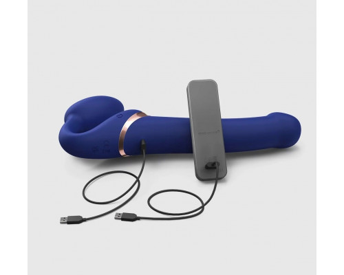 Синий безремневой страпон Multi Orgasm Bendable Strap-On size XL с клиторальной стимуляцией