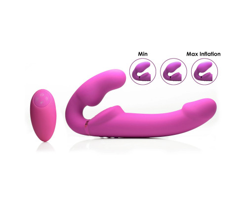 Розовый безремневой страпон с вибрацией и функцией расширения Inflatable Ergo-Fit Strapless Strap-On