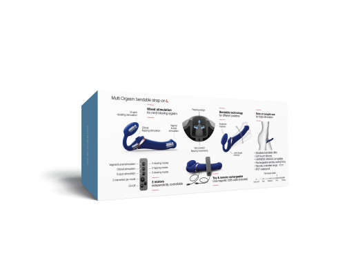 Синий безремневой страпон Multi Orgasm Bendable Strap-On size L с клиторальной стимуляцией