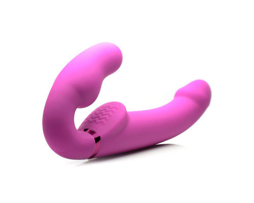 Розовый безремневой страпон с вибрацией и функцией расширения Inflatable Ergo-Fit Strapless Strap-On