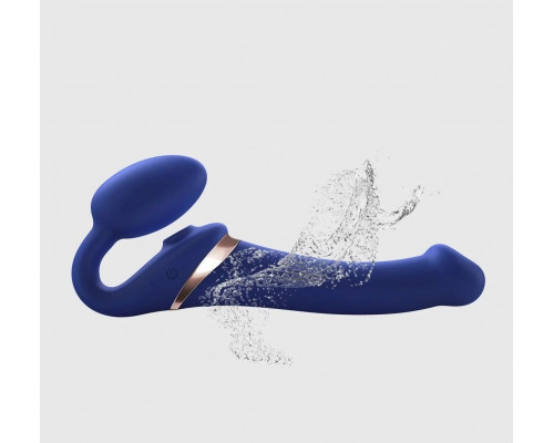 Синий безремневой страпон Multi Orgasm Bendable Strap-On size XL с клиторальной стимуляцией