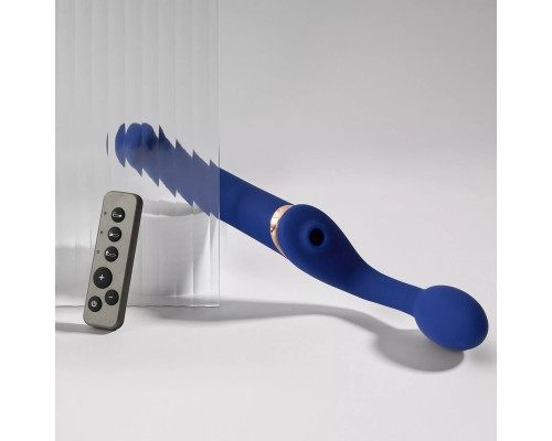 Синий безремневой страпон Multi Orgasm Bendable Strap-On size XL с клиторальной стимуляцией