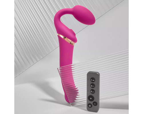 Ярко-розовый безремневой страпон Multi Orgasm Bendable Strap-On size XL с клиторальной стимуляцией