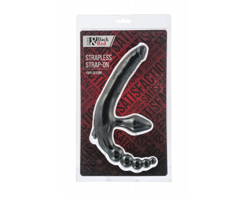 Заказать Чёрный безремневой страпон с вибрацией и анальным отростком