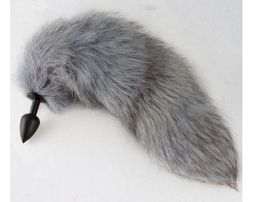 Заказать Черная анальная пробка с натуральным серым хвостиком