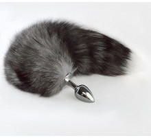 Серебристая анальная пробка с серым хвостиком