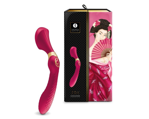 Малиновый двусторонний вибростимулятор ZOA - 26,5 см.