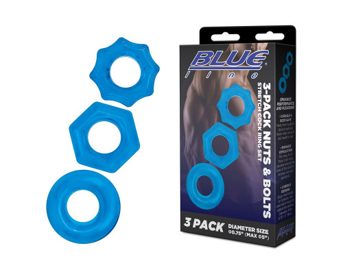 Заказать Комплект из трех голубых колец для эрекции 3-Pack Nuts   Bolts Stretch Cock Ring Set