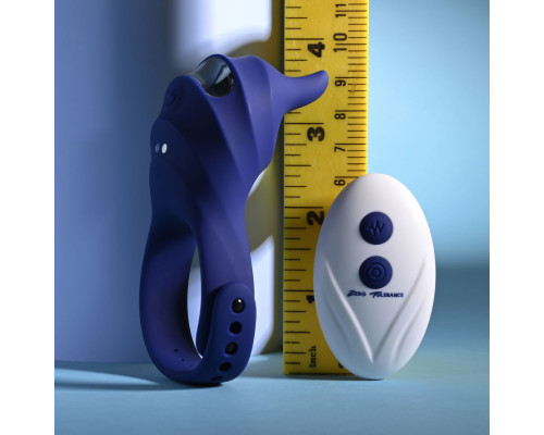 Синее эрекционное виброкольцо с клиторальной подушечкой и пультом ДУ Adjustable Fun Ring