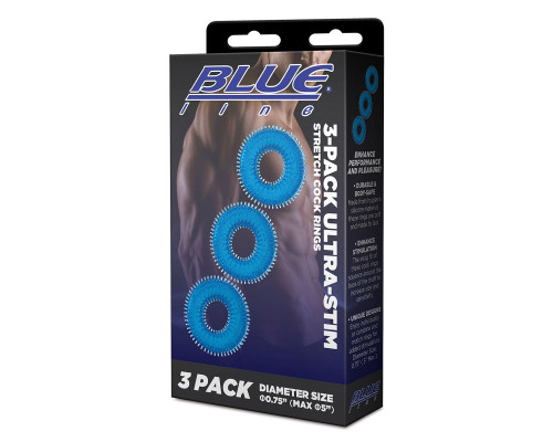 Заказать Комплект из трех голубых колец для эрекции 3-Pack Ultra-Stim Stretch Cock Rings