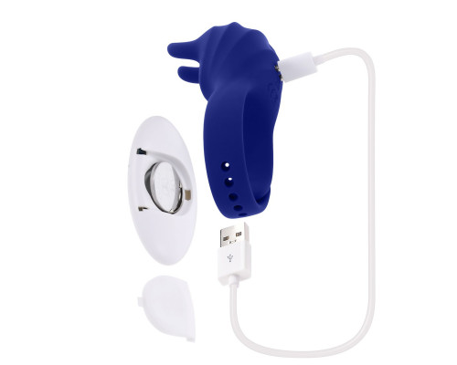 Синее эрекционное виброкольцо с клиторальной подушечкой и пультом ДУ Adjustable Fun Ring