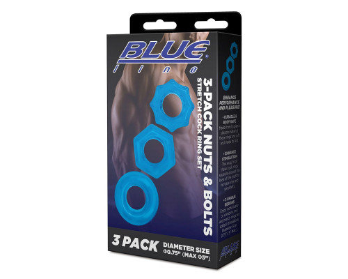 Заказать Комплект из трех голубых колец для эрекции 3-Pack Nuts   Bolts Stretch Cock Ring Set