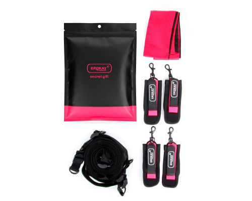 Черно-розовый эротический набор: фиксатор, оковы, наручники, повязка