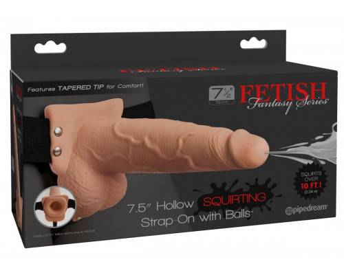 Заказать Телесный полый страпон с имитацией эякуляции 7.5  Hollow Squirting Strap-On with Balls - 21,6 см.