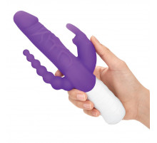 Фиолетовый перезаряжаемый вибратор с 2 дополнительными отростками - 22 см.