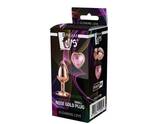 Золотистая анальная втулка с кристаллом-сердечком розового цвета - 7,1 см.