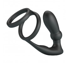 Черный анальный стимулятор простаты с вибрацией и эрекционными кольцами Emoni