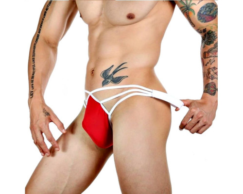 Заказать Красные сексуальные трусы-стринги на тонких белых бретелях