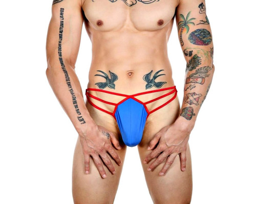 Заказать Синие сексуальные трусы-стринги на тонких красных бретелях