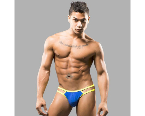 Синие мужские трусы-стринги с двойными бретелями