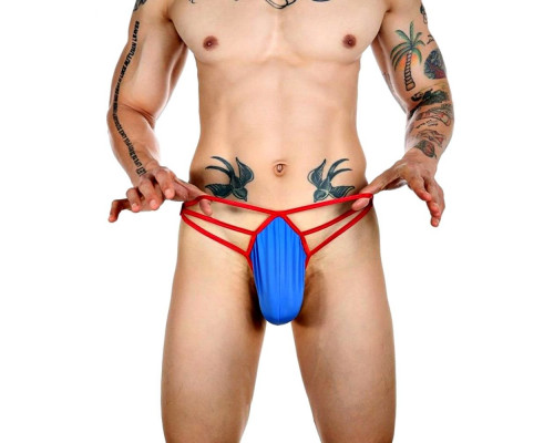 Заказать Синие сексуальные трусы-стринги на тонких красных бретелях