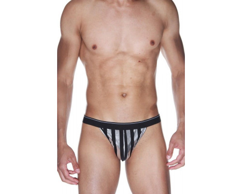 Заказать Черные мужские трусы-тонги в серебристую полоску