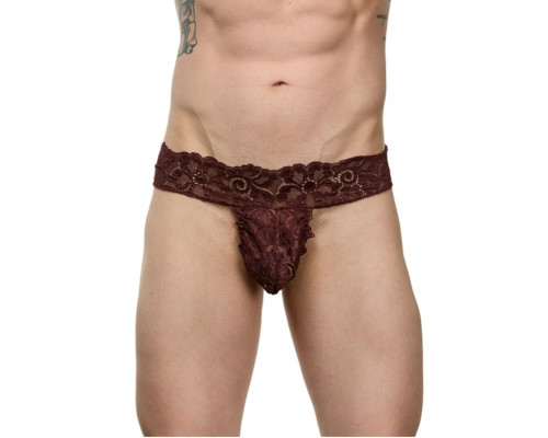 Заказать Мужские коричневые кружевные трусы-тонги