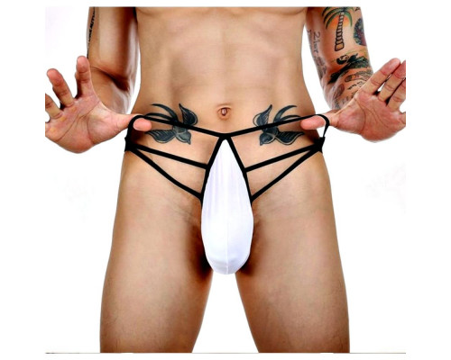 Заказать Белые сексуальные трусы-стринги на тонких черных бретелях