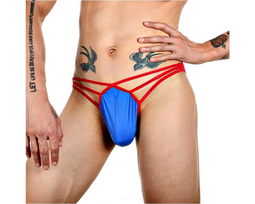 Заказать Синие сексуальные трусы-стринги на тонких красных бретелях
