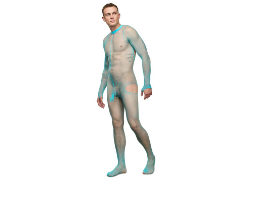 Заказать Мужской бирюзовый сетчатый кэтсьюит с интимным доступом