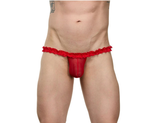 Заказать Мужские красные трусы-тонги на кружевном поясе