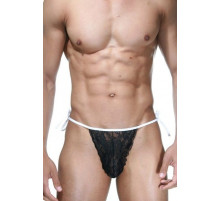 Мужские черно-белые кружевные трусы-танга на завязках