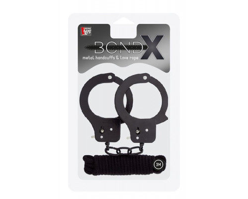 Заказать Чёрные наручники из листового металла в комплекте с веревкой BONDX METAL CUFFS LOVE ROPE SET