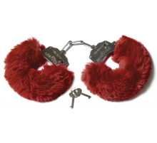Шикарные бордовые меховые наручники с ключиками