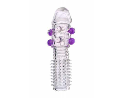 Гелевая прозрачная насадка с шариками и шипами - 14 см.