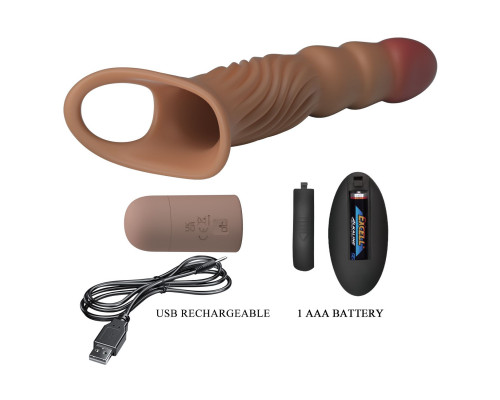 Карамельная удлиняющая насадка на пенис с вибрацией и пультом ДУ