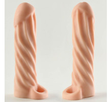 Телесная насадка-удлинитель Okoto со спиралевидным рельефом - 16 см.