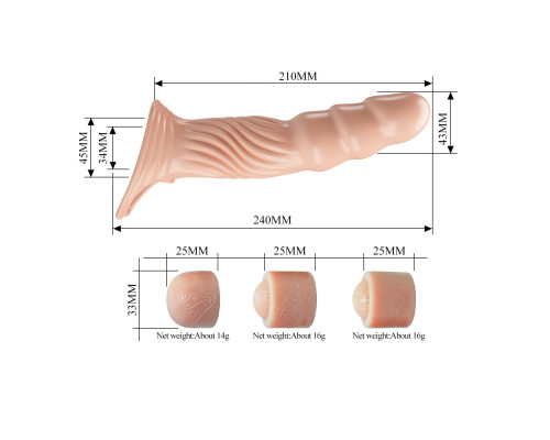 Телесная насадка на пенис с тремя вкладышами-удлинителями - 24 см.