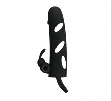 Чёрная насадка с клиторальным вибростимулятором и закрытой головкой - 14 см.