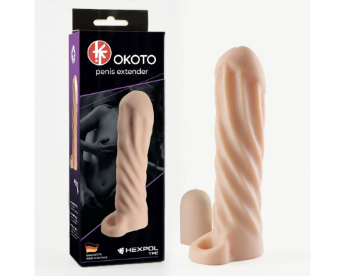 Заказать Телесная насадка-удлинитель Okoto со спиралевидным рельефом - 16 см.