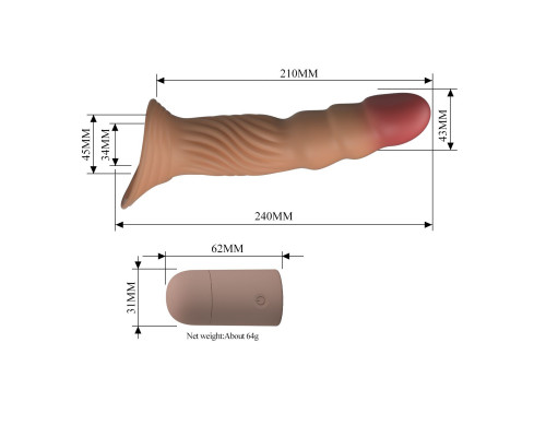 Карамельная удлиняющая насадка на пенис с вибрацией и пультом ДУ