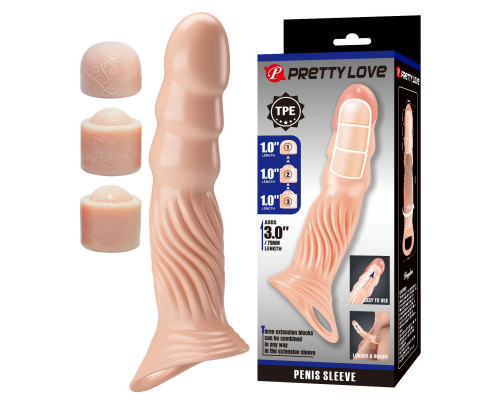 Телесная насадка на пенис с тремя вкладышами-удлинителями - 24 см.
