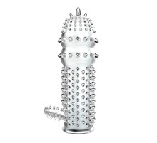 Прозрачная насадка на пенис с шипами и стимулятором клитора - 14,2 см.